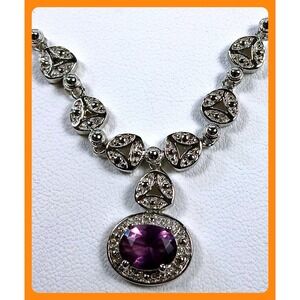 Vintage 925 Sterling Silver Amethyst Pendant Necklace Purple Gemstone Thailand